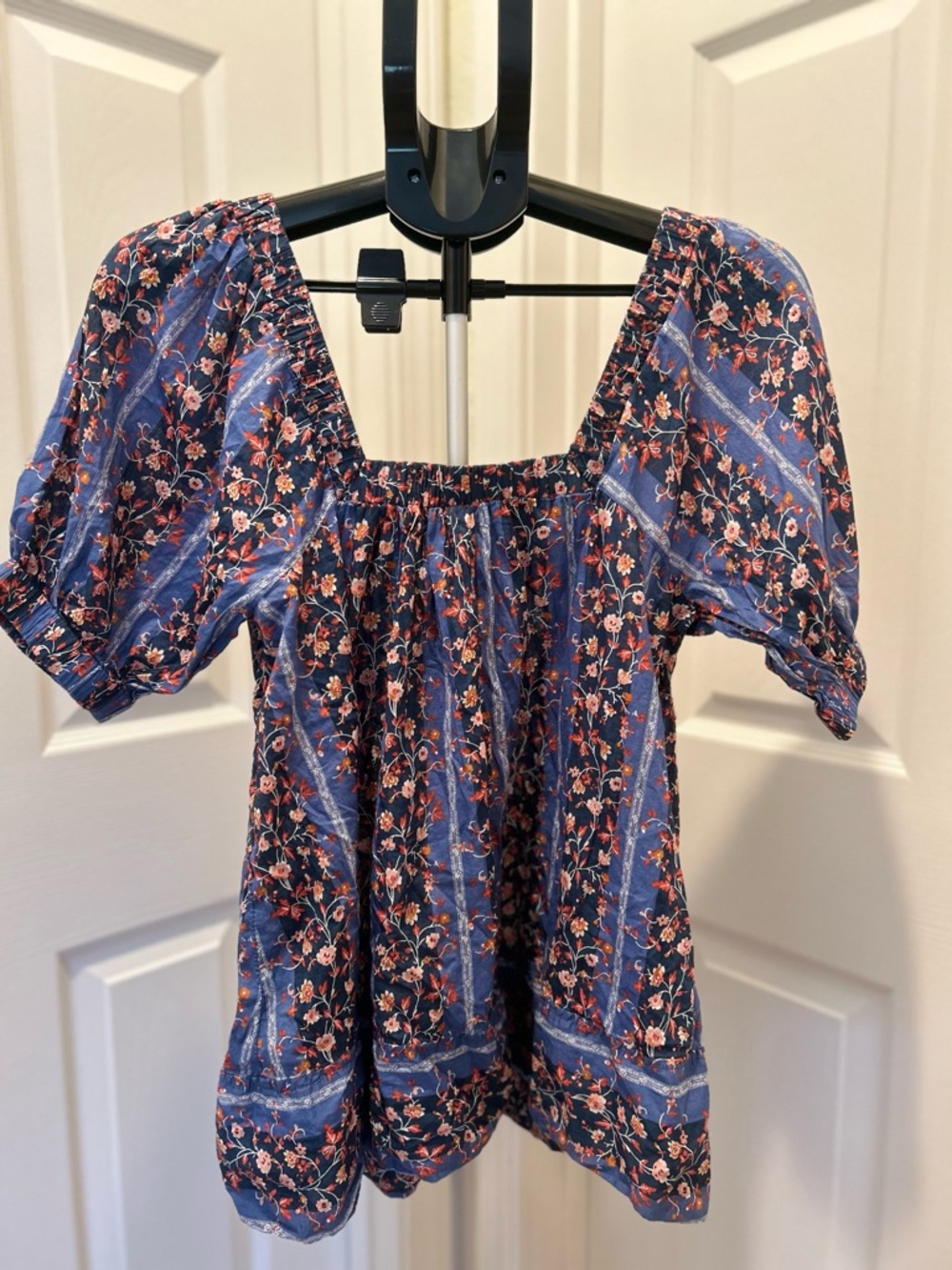 Free People Blue Floral Square-Neck Peasant Blouse